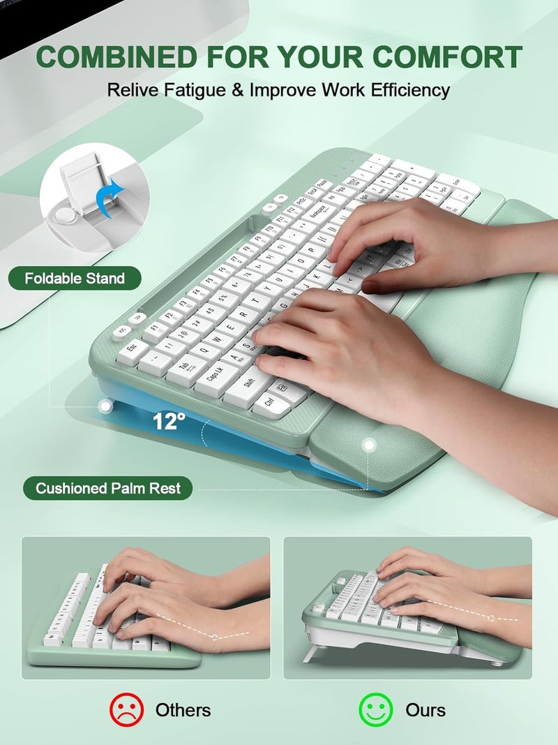 EAYBLLY Ergonomic Wireless Keyboard with Cushioned Wrist Rest, Wave Keys, Phone Holder, Comfortable Natural Typing, 2.4GHz Full Size Cordless USB Computer Keyboard for Windows, Mac OS, Laptop, PC (Mint Green) - Image 4